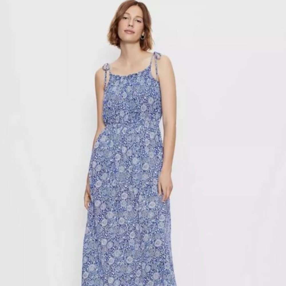 NWT LOFT Beach Floral Bow Strap Smocked Maxi Dress - Blue - Size XS